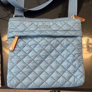 MZ Wallace Quilted Crossbody Bag in Light Blue with Tan Accents